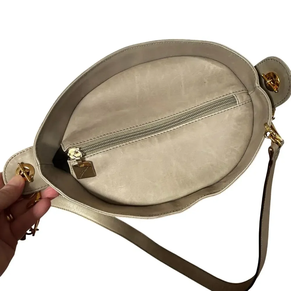 Enrico Coveri taupe leather shoulder bag bucket purse numbers gold chain straps